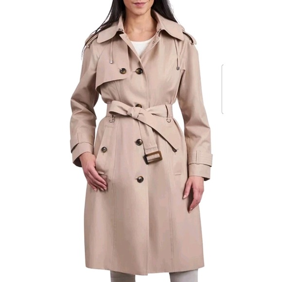 London Fog Women's Stone Color Belted Hooded Water-Resistant Trench Coat PXL‎